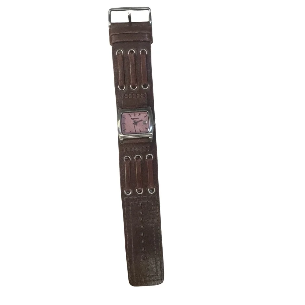 Fossil‎ Womens Leather Cuff Watch Pink Dial Stainless Steel  Brown JR-8641 Y2K